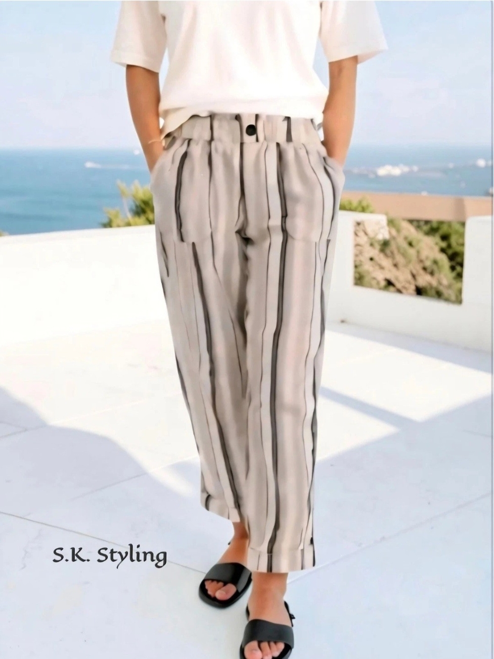 NWT SO Natural Stripe Linen Blend Lightweight Pull-on Pants Tapered Cuffed Leg M